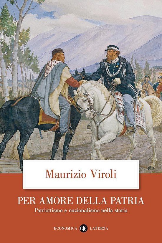 Deux hommes à cheval, se serrant la main. Le livre 'Per amore della patria' par Maurizio Viroli.