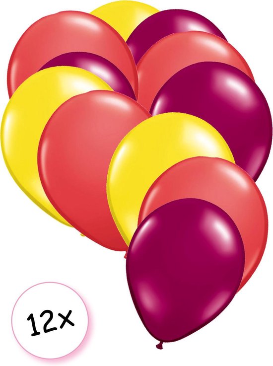 Ballonnen Geel, Rood & Fuchsia 12 stuks 27 cm