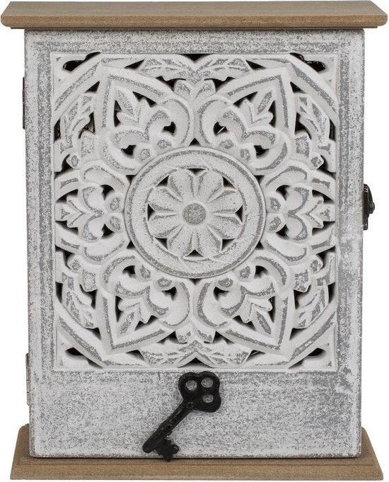 Houten sleutelkast/sleutelkluis met opengewerkt bloemmotief 20 x 26 cm - Sleutels opbergen - Sleutelrekje van hout
