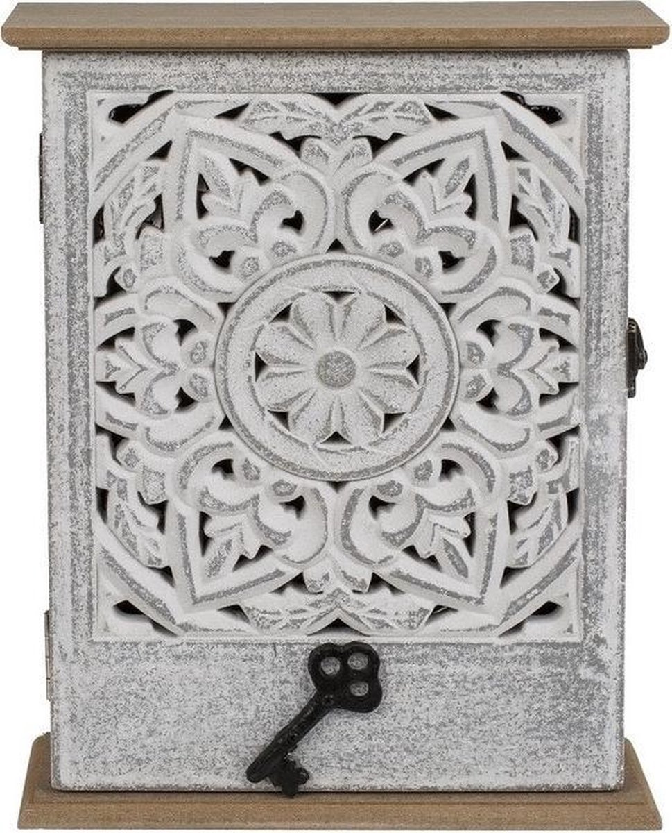 Houten sleutelkast/sleutelkluis met opengewerkt bloemmotief 20 x 26 cm - Sleutels opbergen - Sleutelrekje van hout - Merkloos