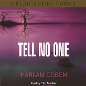 Omslag van "Tell No One" door Harlan Coben. Roze en paarse zonsondergang met silhouetten van bomen aan het water.