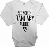 Baby rompertje see you in januari auntie | Bekendmaking zwangerschap | Cadeau voor de liefste aanstaande tante | Bekendmaking zwangerschap rompertje voor tante in de maat 56.