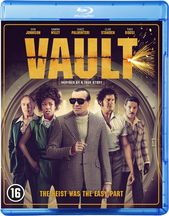 Filmcover 'Vault' Blu-ray. Groep van vijf mensen voor een ronde kluisdeur. Met de tekst 'THE HEIST WAS THE EASY PART'.