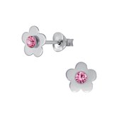 Joy|S - Zilveren bloem oorbellen kristal roze 7 mm