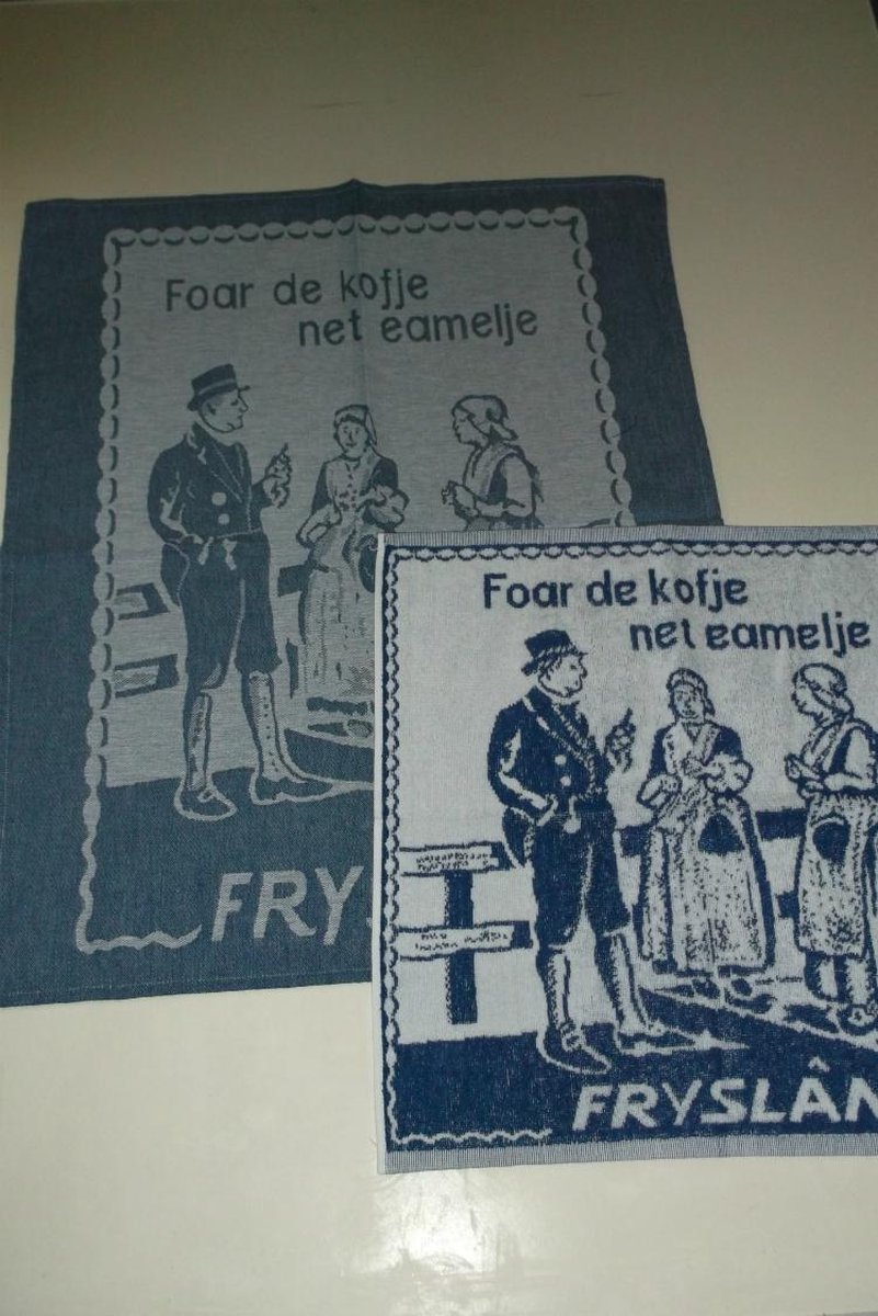 Thee- en keukendoek | Foar de kofje net eamelje (voor de koffie niet zeuren) Friese/Fryske spreuk