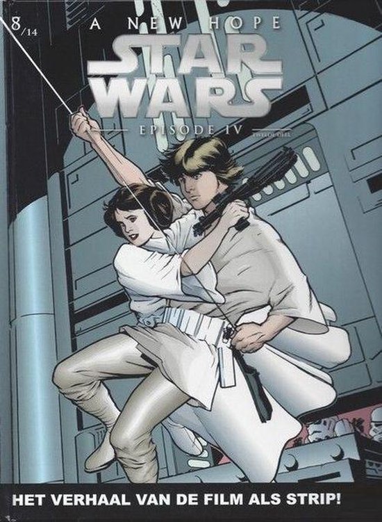 De cover van Star Wars Episode IV. Luke Skywalker en Prinses Leia, in witte kleding, ontsnappen aan stormtroopers.