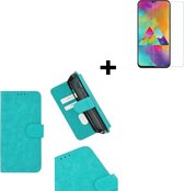 Geschikt voor Samsung Galaxy A20s Hoes Wallet Book Case Turquoise hoesje PU Leder Pearlycase + Screenprotector Tempered Gehard Glas