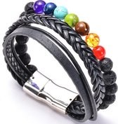 AWEMOZ Armbanden Set - Leer & Natuursteen Kralen - Dubbel Armbandje - Zwart/Kleur