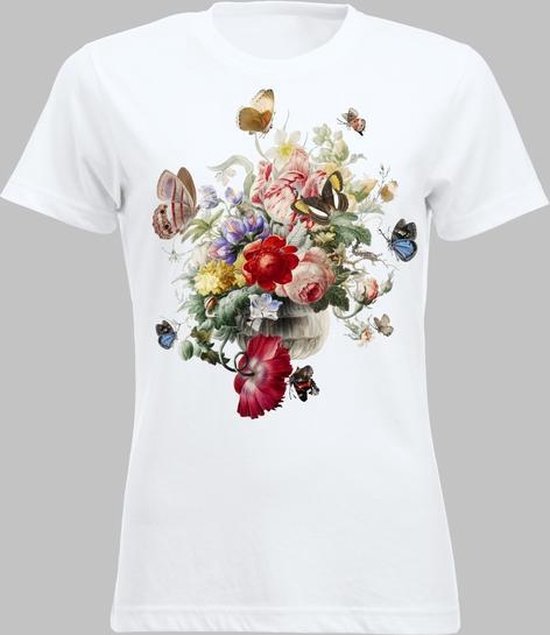 Bloemen en vlinders - dames T-shirt - Kleur: wit - maat: XS | bol.com