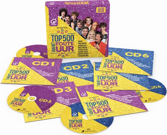 CD-box met CD's en hoes van Qmusic Top 500 van het Foute Uur 2019, met glitterontwerp en foto's van artiesten.