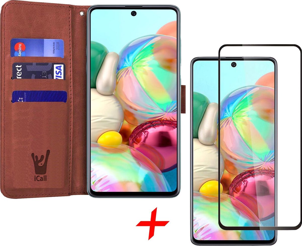 Hoesje geschikt voor Samsung Galaxy A71 - Screen Protector FullGuard - Book Case Kunstleer Pasjeshouder Bruin & Screenprotector
