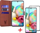 Hoesje geschikt voor Samsung Galaxy A71 - Screen Protector FullGuard - Book Case Leer Pasjeshouder Bruin & Screenprotector