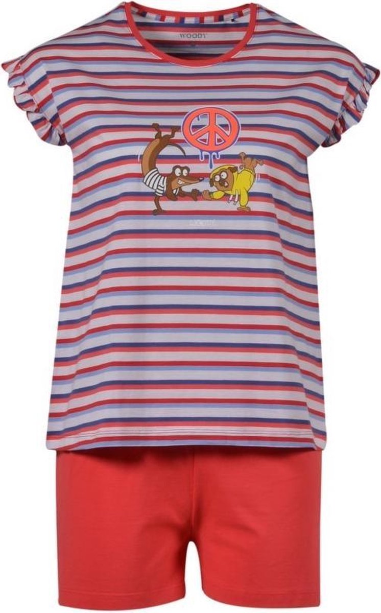 Woody Meisjes-Dames pyjama rood-blauw - maat 128 - 8 jaar