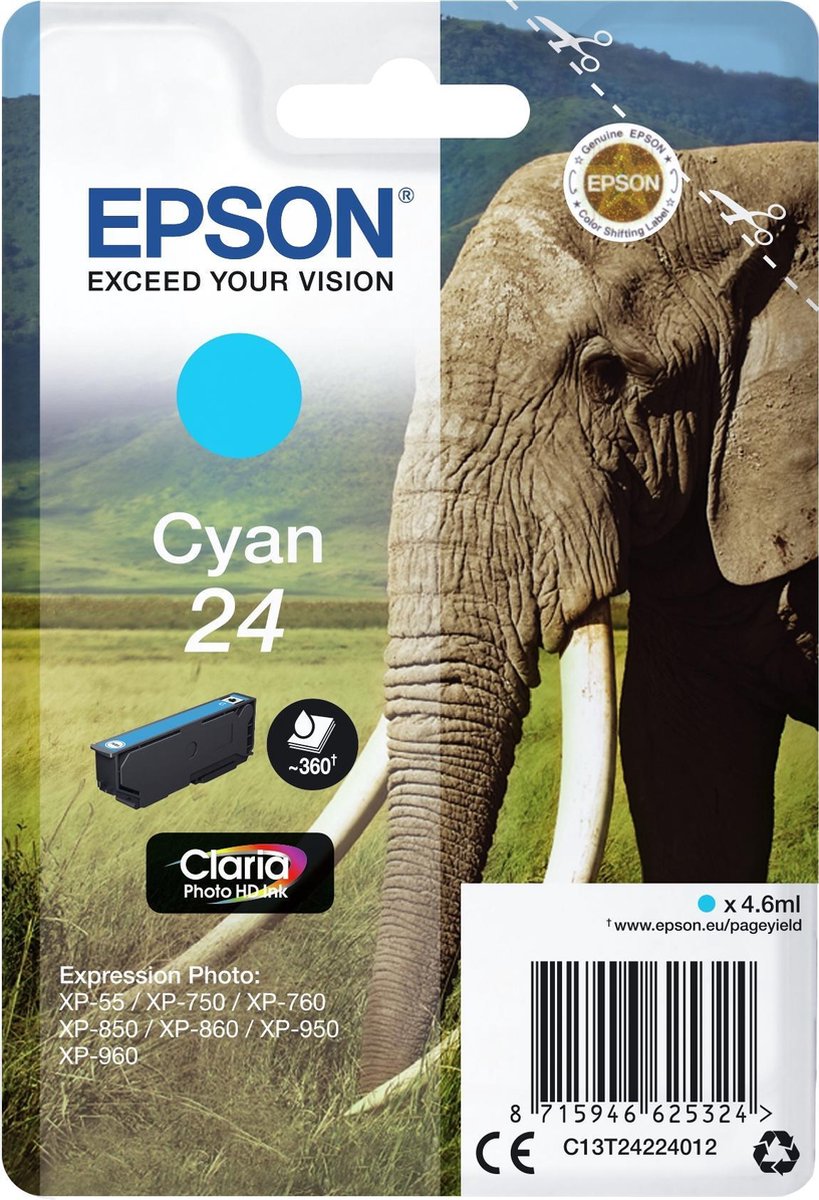 EPSON 24 inktcartridge cyaan standard capacity 4.6ml 360 paginas 1-pack RF-AM blister