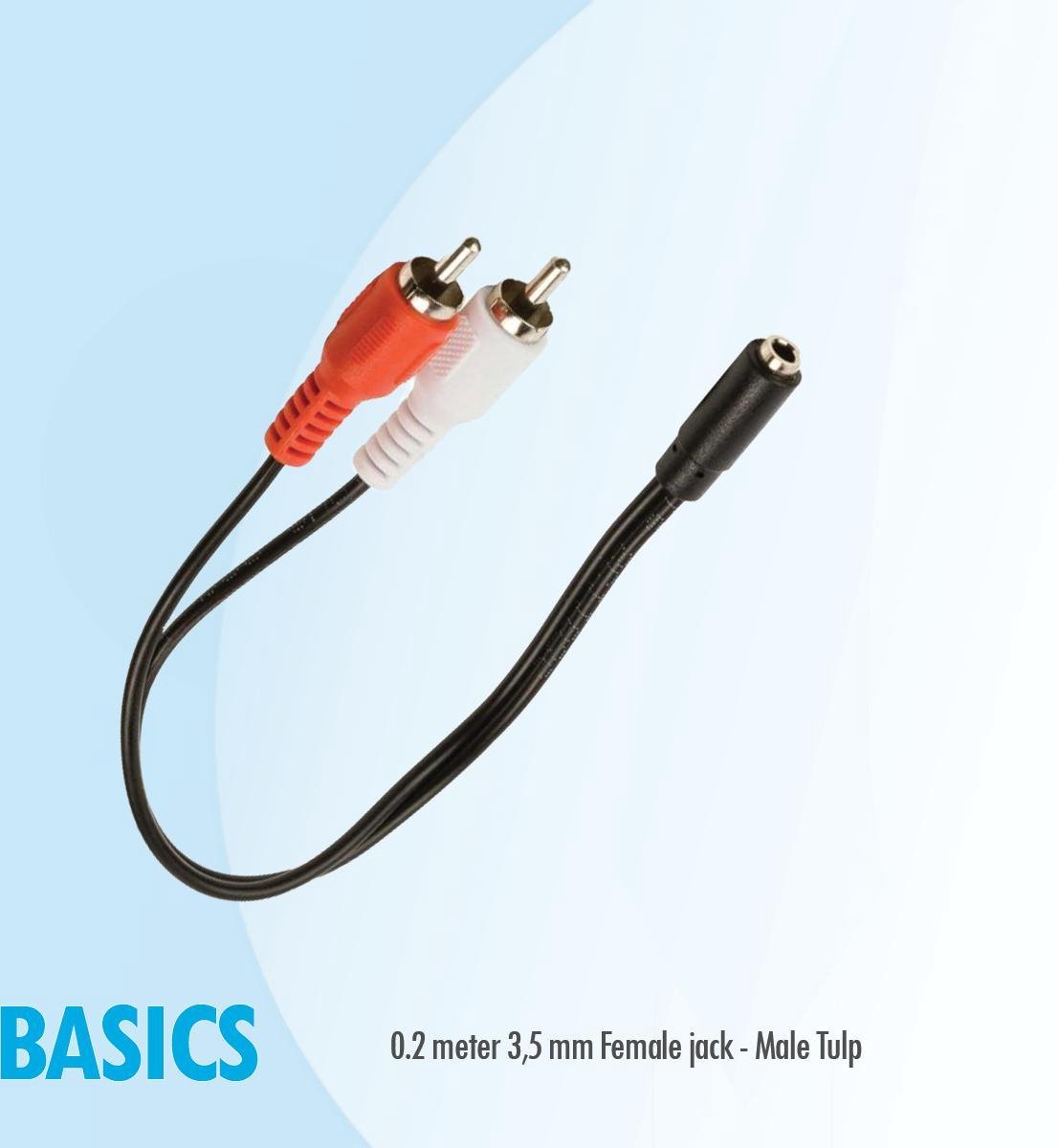 Basics 0,2 mtr 3,5 mm Female jack -  Male Tulp /RCA aux audio kabel - Bertje Budget