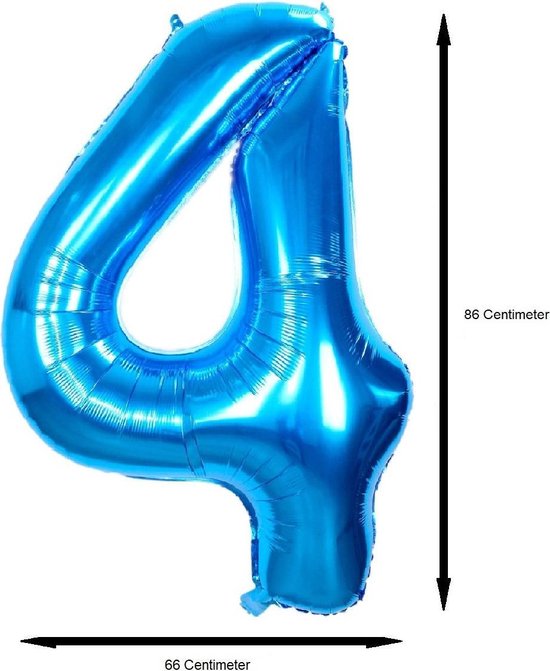 Folie Ballon Cijfer 4 Jaar Cijferballon Feest Versiering Folieballon Verjaardag Versiering Blauw XL 86Cm Met Rietje - BTH
