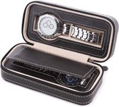 Boîte de rangement portable pour montre avec 2 compartiments. Boîte de montre de voyage, boîtier de montre en cuir synthétique avec fermeture éclair. noir.