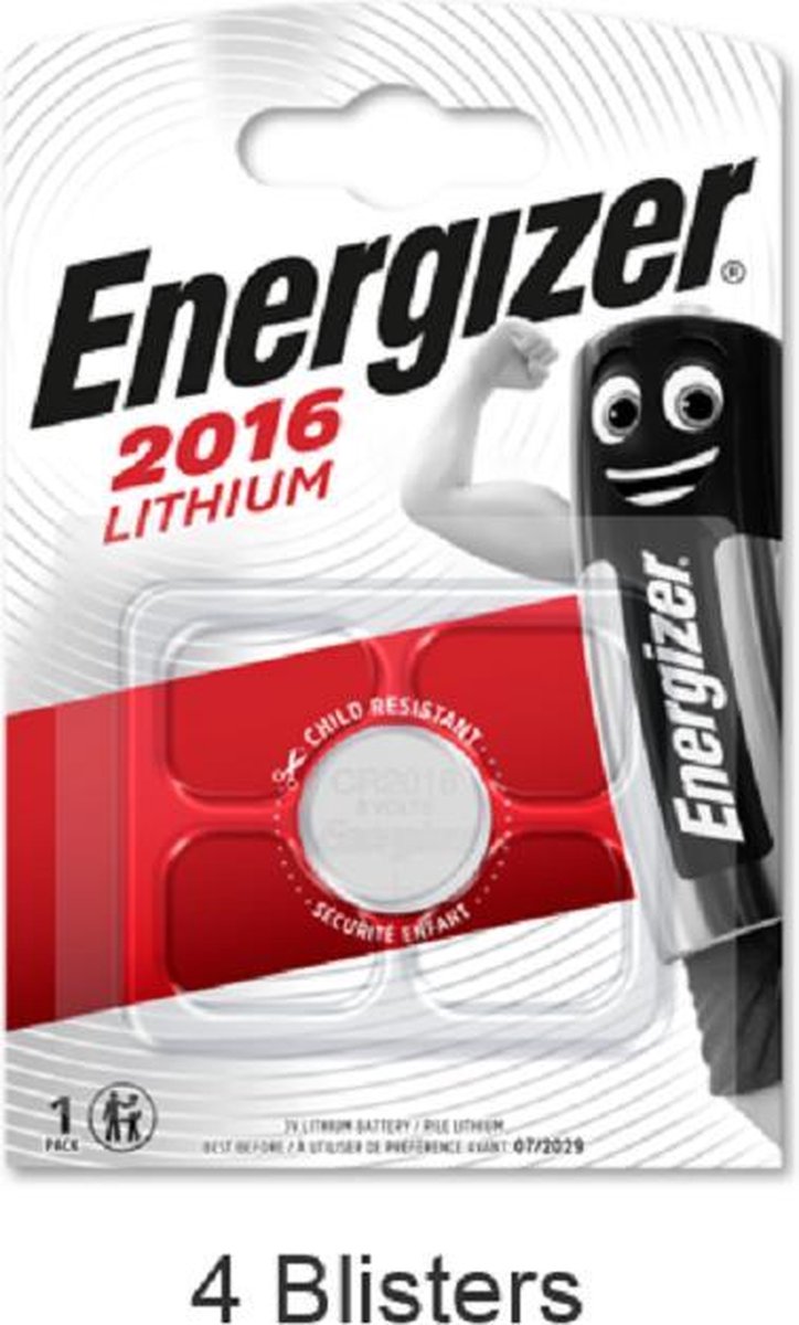 4 stuks (4 blisters a 1 stuk) Energizer CR2016 Lithium knoopcel 3V 90mAh Professional battery