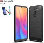 Xiaomi Redmi 8 / 8A Carbone Brushed Tpu Zwart Cover Case Hoesje - 1 x Tempered Glass Screenprotector CTBL