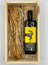 Gift Box Biologische Olijfolie Eerste persing Premium kwaliteit Olijfhouten couvert lengte 32 cm Geschenkset Uniek Cadeau