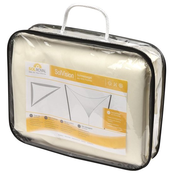 Crème schaduwdoek verpakt in een doorzichtige draagtas met logo en productinformatie.