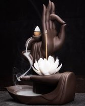 Backflow wierook brander / houder 22cm  handen met lotus waterval Bruin & Wit keramiek /Feng Shui
