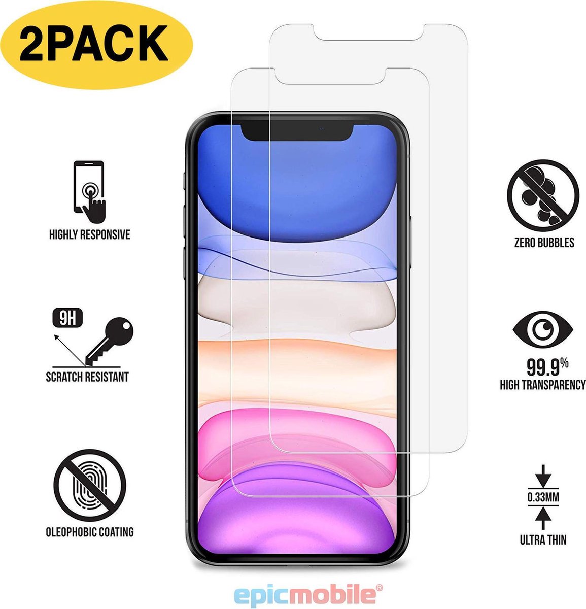 Screenprotector geschikt voor iPhone 11/Xr Screenprotector - 2x Tempered Glass - Anti burst - Perfect Fit - 2 PACK - EPICMOBILE
