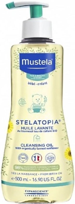 Mustela Stelatopia Cleansing Oil, 500 ml fles met pompje, met zonbloem-motief.