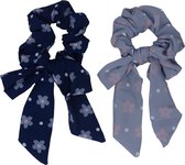 Jessidress Scrunchie met Bloemen print Haar elastieken Scrunchies met Strikje - Donker Blauw/Grijs