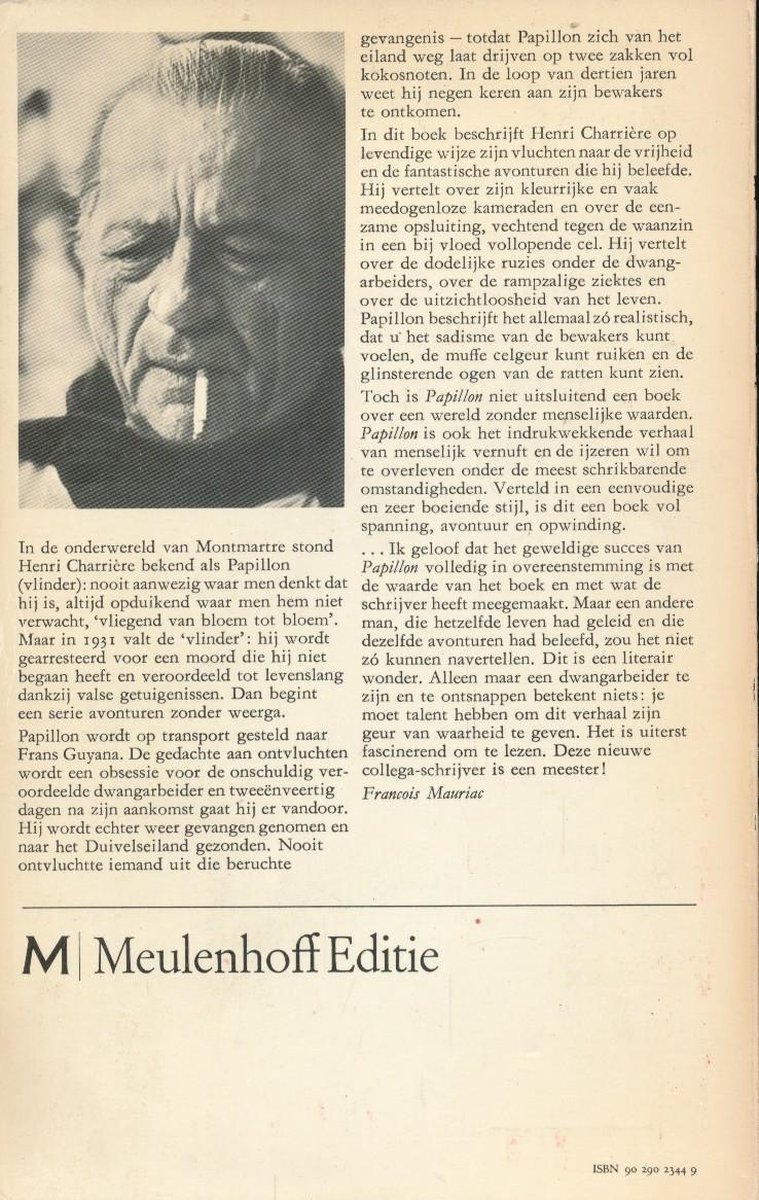 Achterkant van het boek "Papillon" met een portret van de auteur Henri Charrière en tekst over het boek.