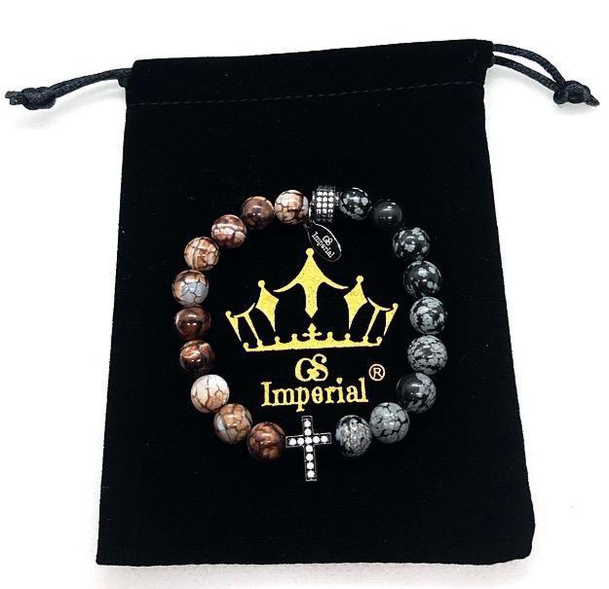 GS Imperial® | Dames Armband | Natuursteen Armband Vrouwen| Kruis Armband Vrouwen | Kruis Armband Dames| Sneeuwvlok Obsidiaan Kralen