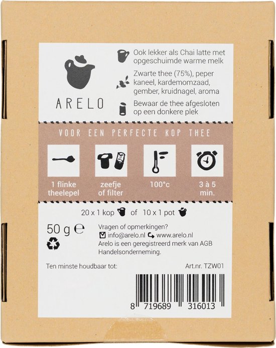 Achterkant verpakking van Arelo Chaithee met zetinstructies, ingrediënten en streepjescode.