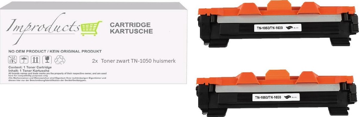 Improducts® Toner - Alternatief Brother TN1050 / TN-1050 zwart XL Zwart 2x new chip