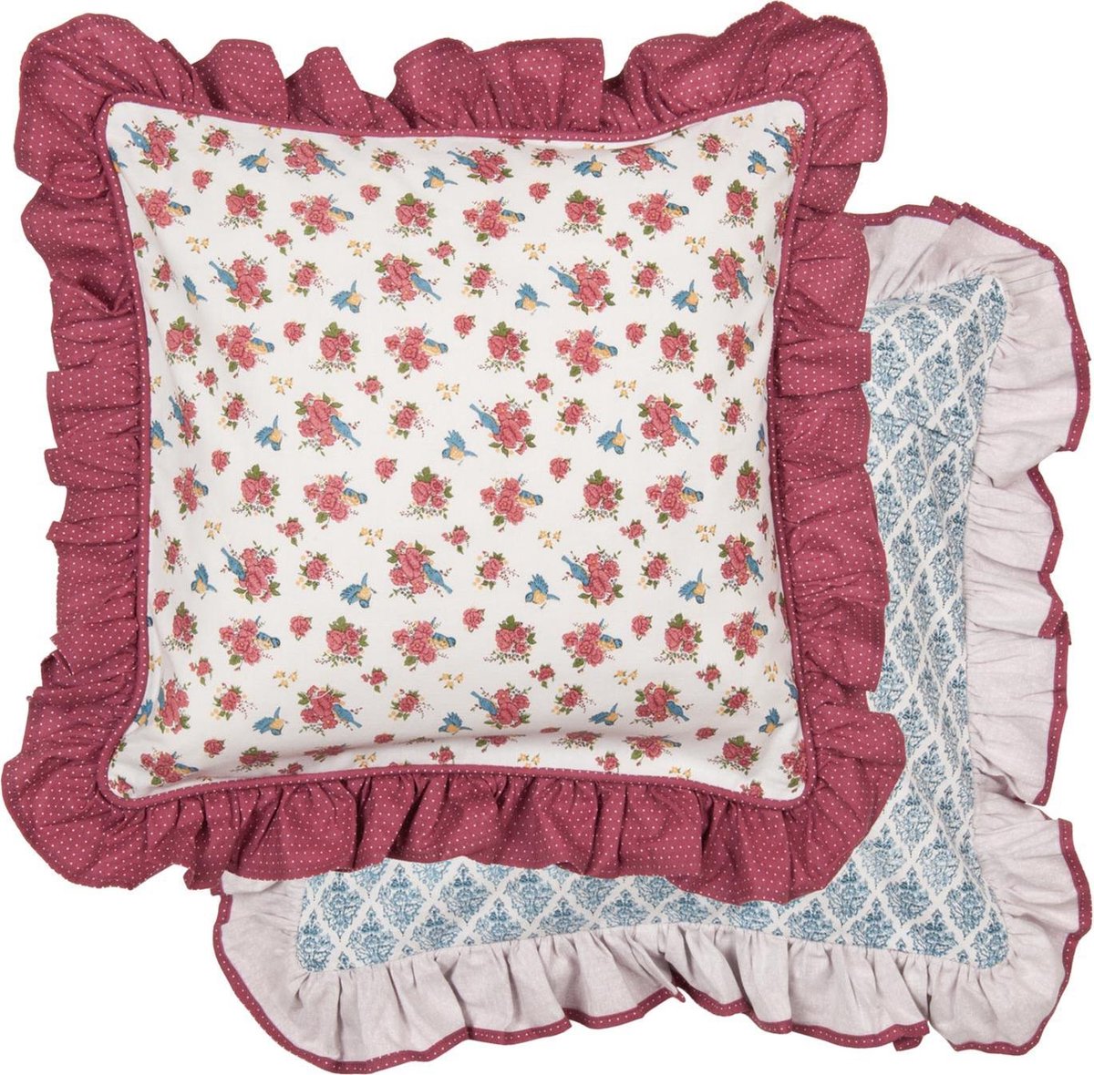 Clayre & Eef - Sierkussen hoes - Stoelkussenhoes - Katoen - 40 x 40 cm - Rozen & Vogels