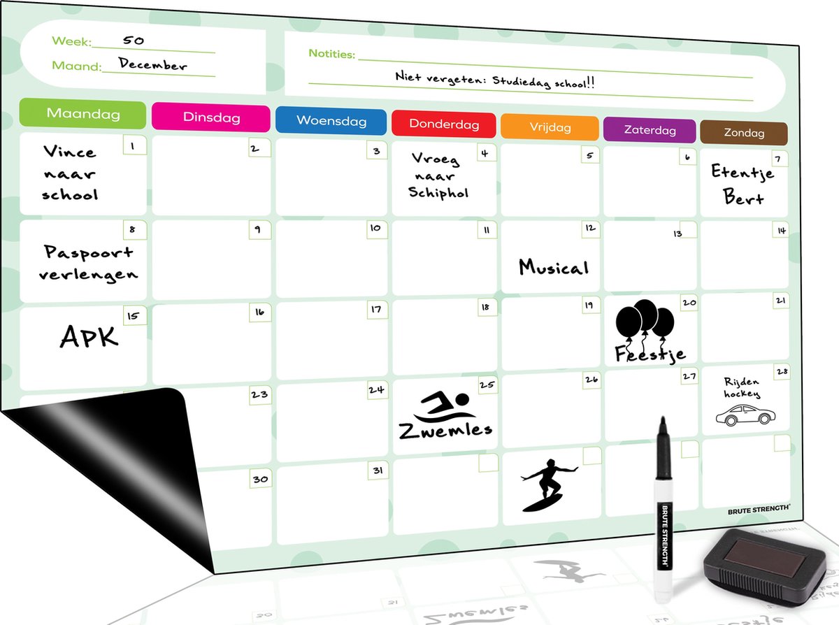 Brute Strength - Magnetisch Weekplanner whiteboard (8) - A3 - Planbord - Familieplanner  - Gezinsplanner - To Do Planner - Brute Strength