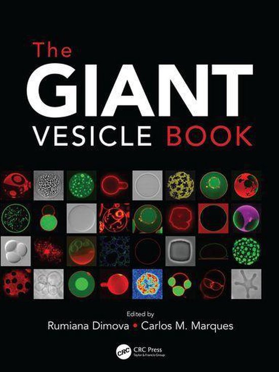 Boekomslag 'The Giant Vesicle Book' met zwarte achtergrond en een raster van microscopische beelden van blaasjes.