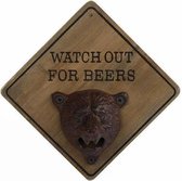 Teksten - Flesopener "watch Out For Beers" Hout 15x15x9cm