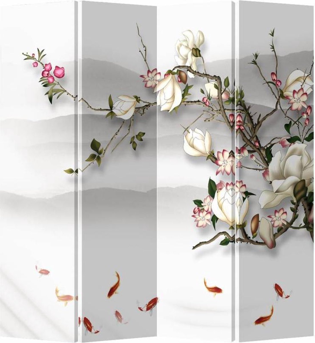 Fine Asianliving Kamerscherm Scheidingswand B160xH180cm 4 Panelen Bloesem En Vissen Wit, Multicolour