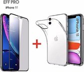 iPhone 11 transparent hoesje + Tempered Glass Full Cover Zwart. Screen protector, Siliconen TPU Soft Case - Eff Pro