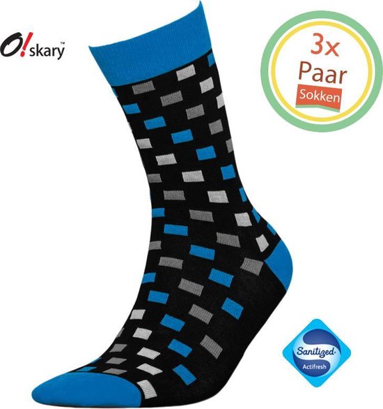 Sokken heren | 3 Paar Sokken heren geblokt blauw | Naadloze sokken | Anti-bacterieel door Zwitserse Sanitized® | 43-46
