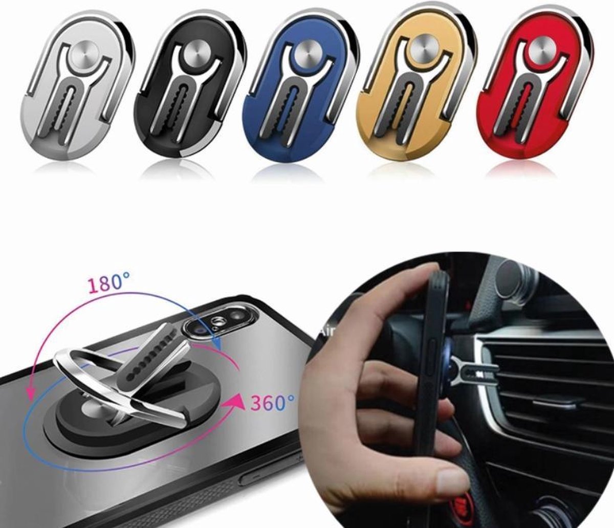 Multifunctionele zelfklevend clip telefoon houder, magneet, 360 graden auto ventilatie, draaibare vinger ring, auto accessoires, iPhone, Samsung, Huawei, Sony, LG (rood) – foto 2