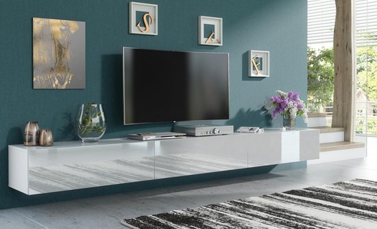 Pro-meubels - Zwevend Tv-meubel - Tv kast - Tunis - Hooglans wit - 300cm  3x100cm | bol.com