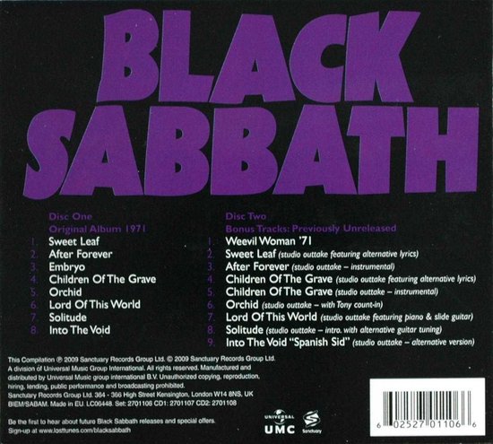 Zwarte hoes met paarse tekst "BLACK SABBATH" en tracklijsten van Disc One en Disc Two. Barcode onderaan rechts.