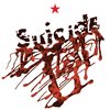 Rode bloeddruppels en spetters vormen het woord 'Suicide' onder een rode ster.