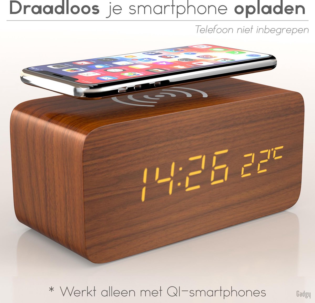 Opgewonden zijn Voetzool Wortel Gadgy Digitale Wekker met Draadloze Oplader - Houten Wekker met Eco Stand -  Alarmklok... | bol.com