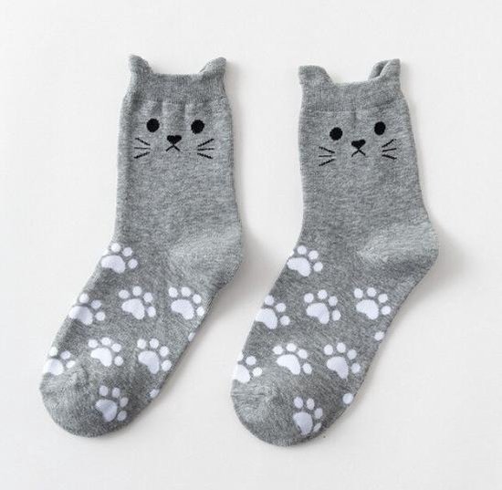 Sokken Dames - grijs - leuke print kat met ogen - 36-40 - cadeau - voor haar