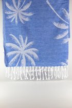 uit Turkije By Aquatolia Hamamdoek Kyllandos met Witte Palmen -  100% Zacht Katoen - Strandlaken - Handdoek - Blauw - 100cm x 180cm - Originele hamamdoek uit Turkije