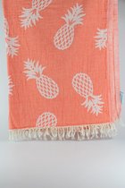 uit Turkije By Aquatolia Hamamdoek Pergamon met Witte Ananas - 100% Zacht Katoen - Strandlaken - Handdoek - Oranje - 100cm x 180cm - Originele hamamdoek uit Turkije