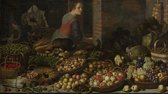 Stilleven met vruchten en groenten met op de achtergrond Christus en de Emmaüsgangers, Floris van Schooten, ca. 1630 op aluminium dibond