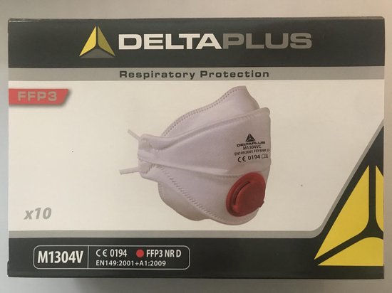 Doos van DELTA PLUS ademhalingsbescherming met een afbeelding van een wit FFP3-masker met rood ventiel. Tekst: FFP3 x10 M1304V CE 0194 FFP3 NR D EN149:2001+A1:2009.
